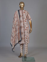 Beige silk printed yoke style kurti set with dupatta