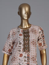 Beige silk printed yoke style kurti set with dupatta