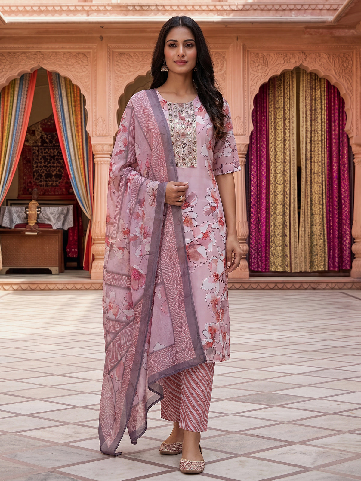 Onion pink modal silk yoke kurti set with dupatta and pants