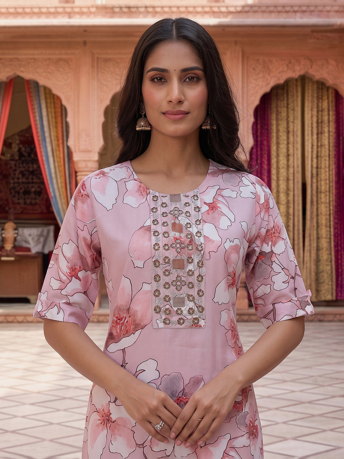 Onion pink modal silk yoke kurti set with dupatta and pants
