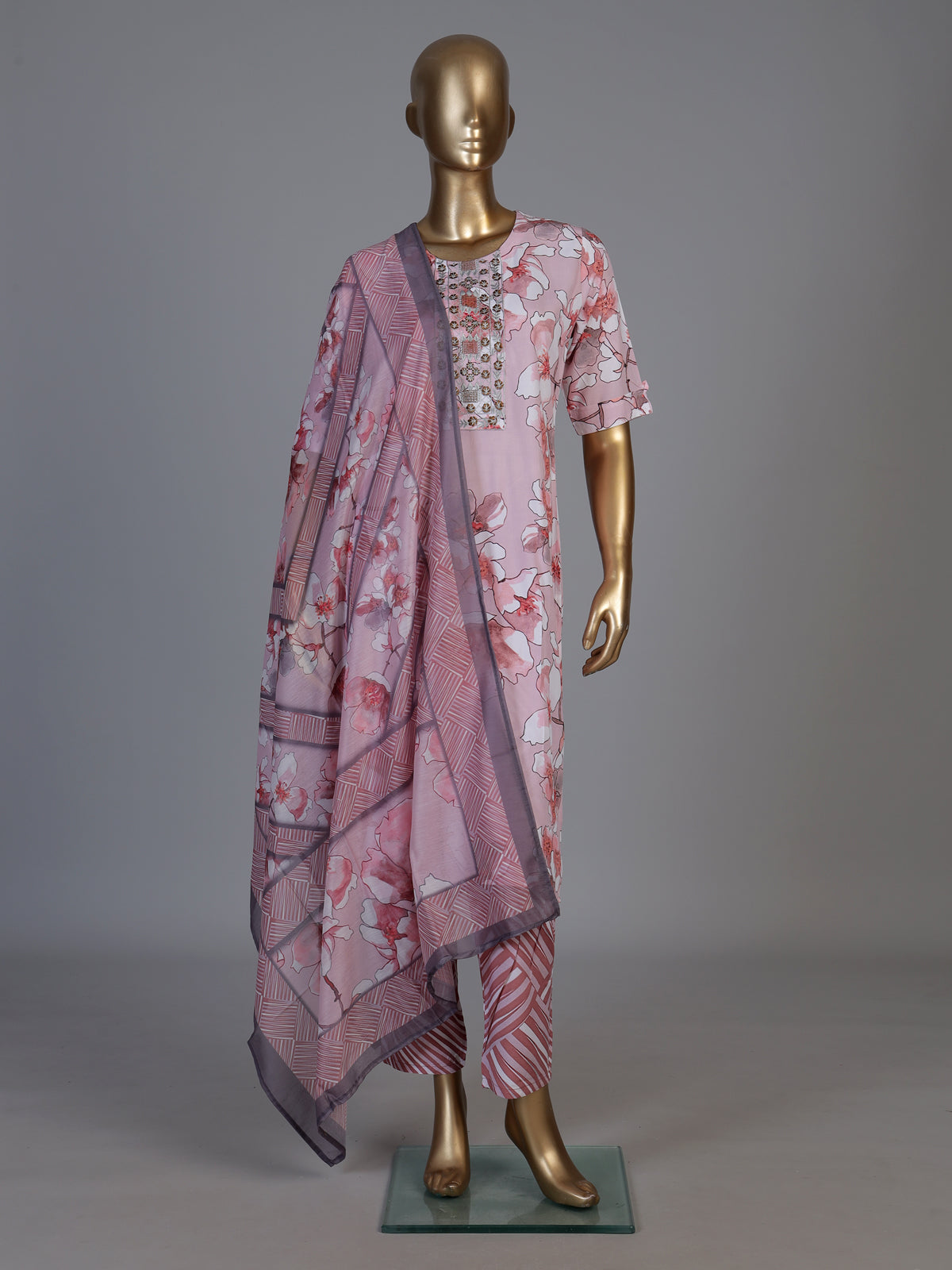 Onion pink modal silk yoke kurti set with dupatta and pants
