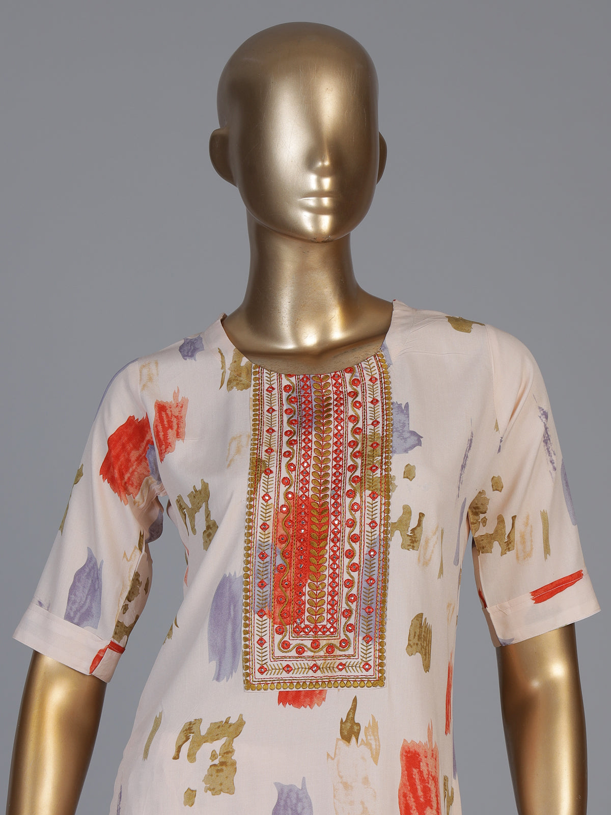 Beige modal silk yoke style kurti set with dupatta and pant