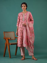 Pink silk printed straight cut kurti set with dupatta and pants