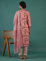 Pink silk printed straight cut kurti set with dupatta and pants