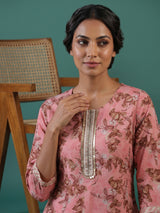Pink silk printed straight cut kurti set with dupatta and pants