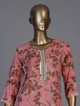 Pink silk printed straight cut kurti set with dupatta and pants