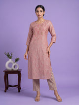 Onion pink silk printed kurti set with dupatta and pants