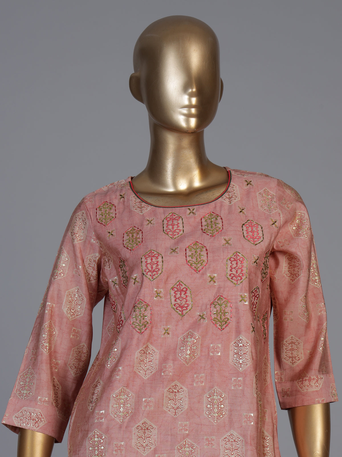 Onion pink silk printed kurti set with dupatta and pants