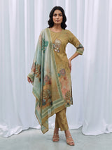 Beige silk printed kurti set with dupatta and pants