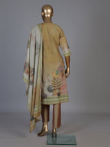 Beige silk printed kurti set with dupatta and pants