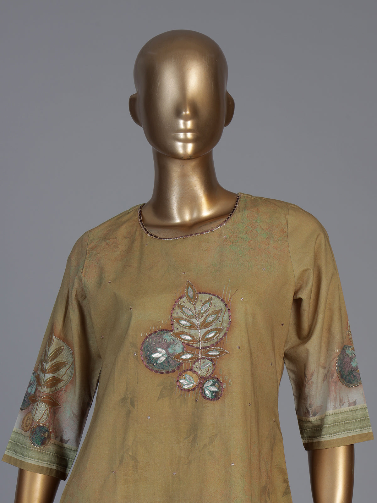 Beige silk printed kurti set with dupatta and pants