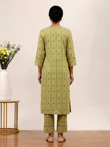 Green cotton printed straight cut kurti set with pants