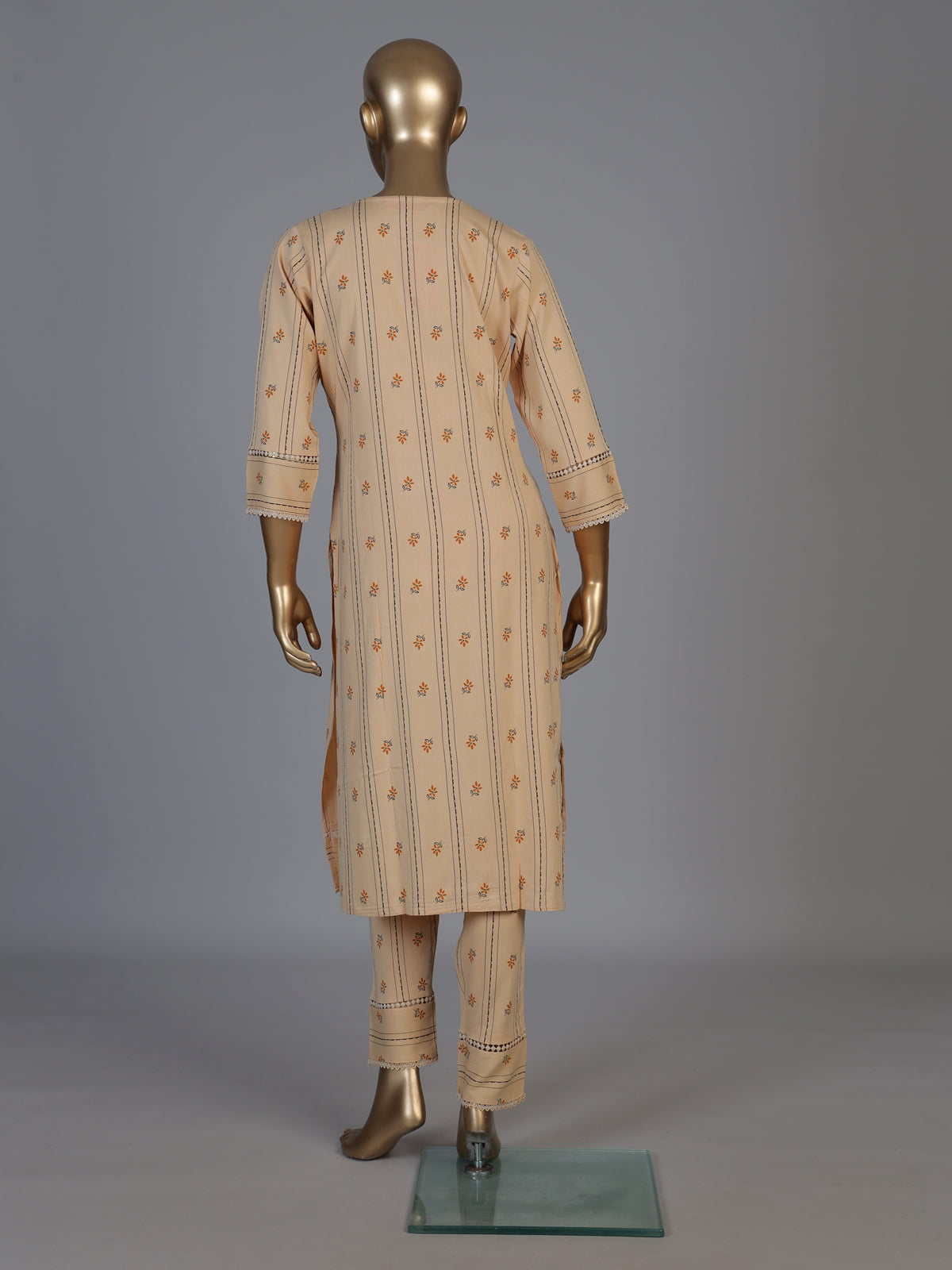 Beige cotton printed straight cut kurti set with comfortable pants