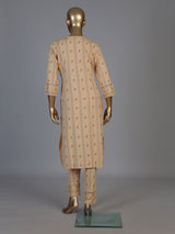 Beige cotton printed straight cut kurti set with comfortable pants
