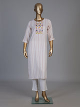 White cotton straight cut kurti set with delicate embroidery work