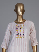 White cotton straight cut kurti set with delicate embroidery work