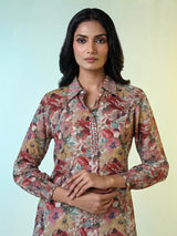 Maroon modal silk floral printed kurti with aabla and beads work