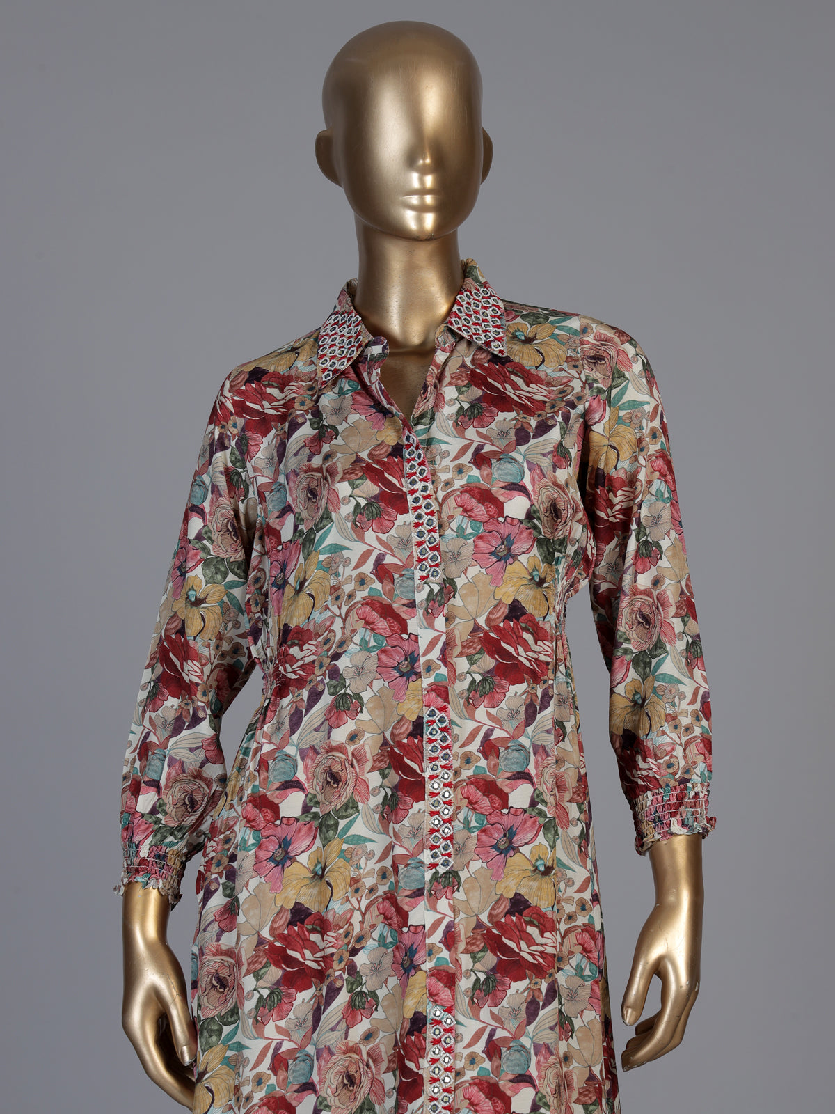 Maroon modal silk floral printed kurti with aabla and beads work