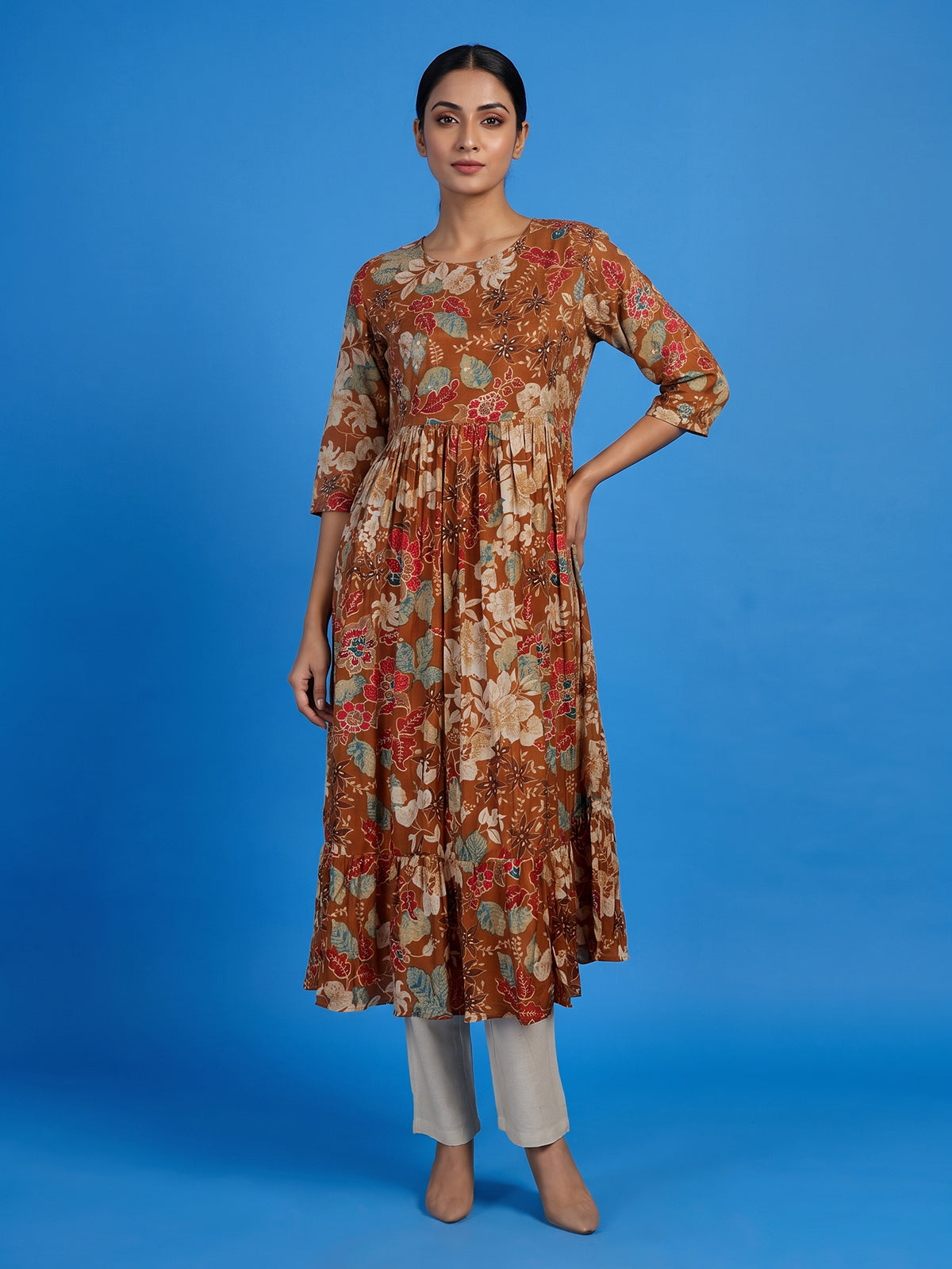 Brown muslin silk floral printed kurti with graceful beadwork