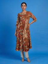 Brown muslin silk floral printed kurti with graceful beadwork