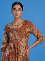 Brown muslin silk floral printed kurti with graceful beadwork