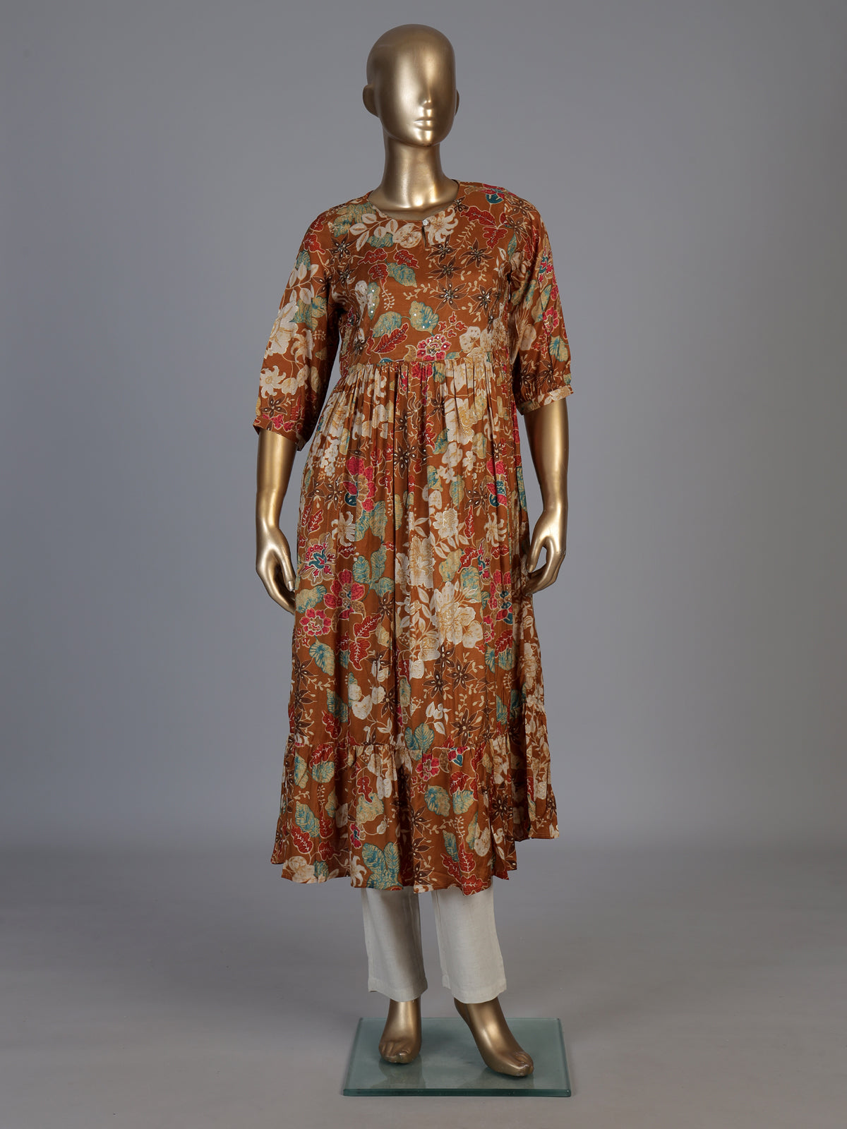 Brown muslin silk floral printed kurti with graceful beadwork
