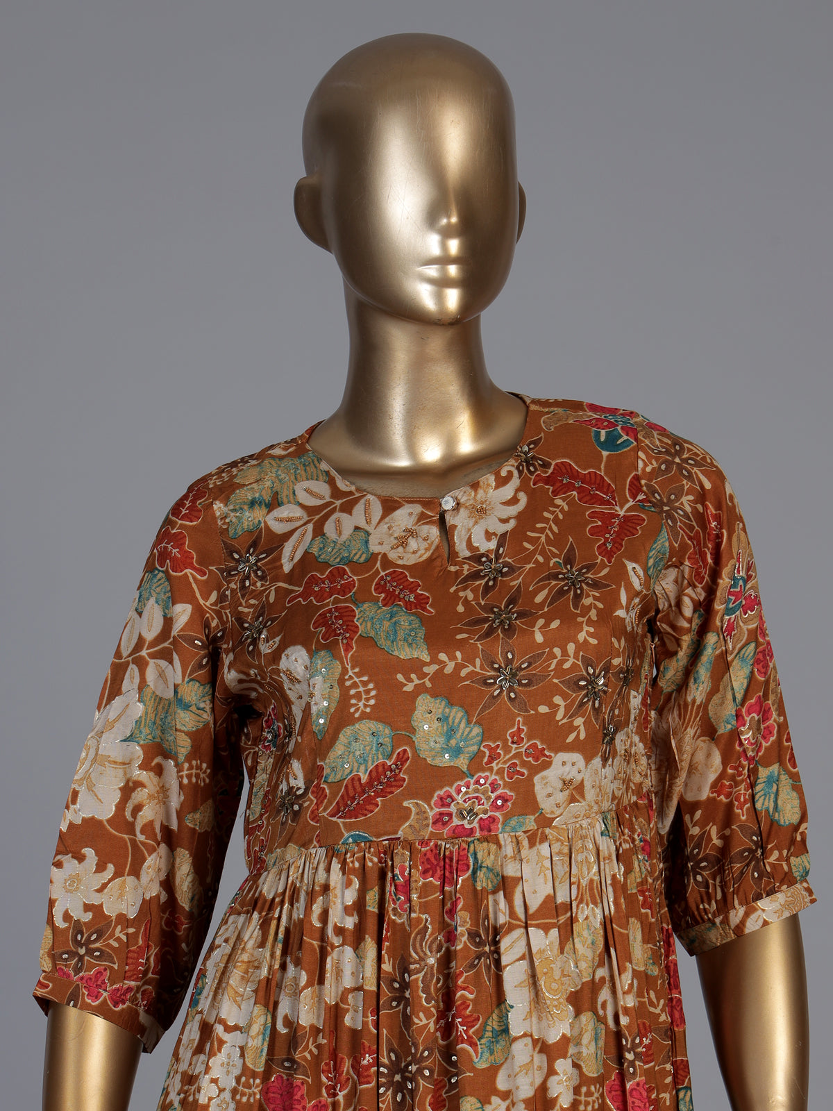Brown muslin silk floral printed kurti with graceful beadwork