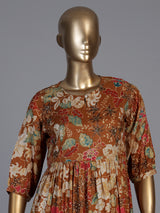 Brown muslin silk floral printed kurti with graceful beadwork