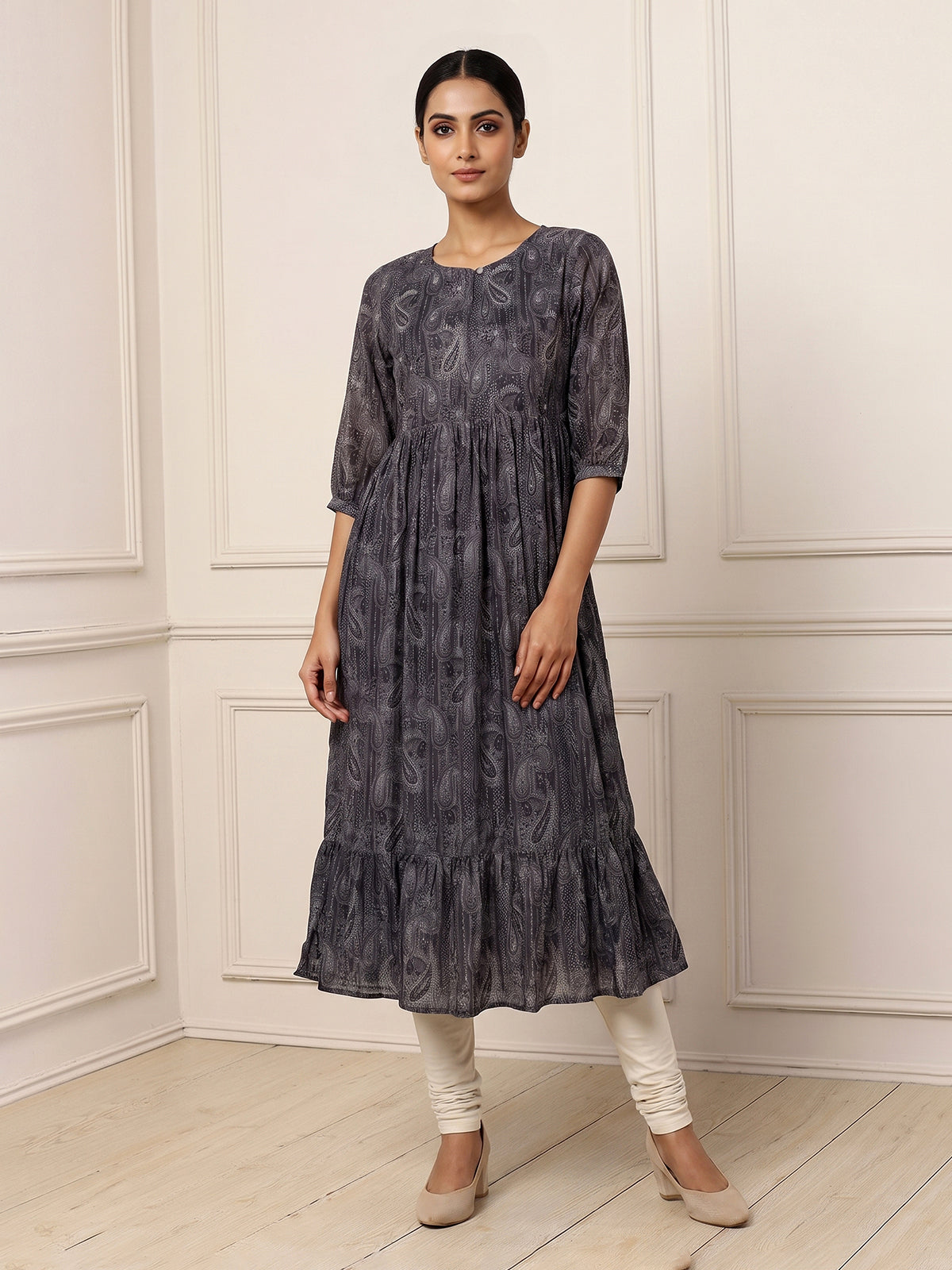 Grey silk printed yoke style kurti with thread work