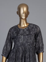 Grey silk printed yoke style kurti with thread work