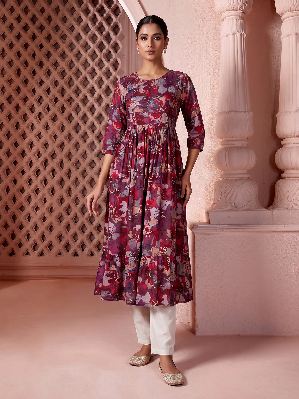 Purple silk floral printed kurti with elegant thread work