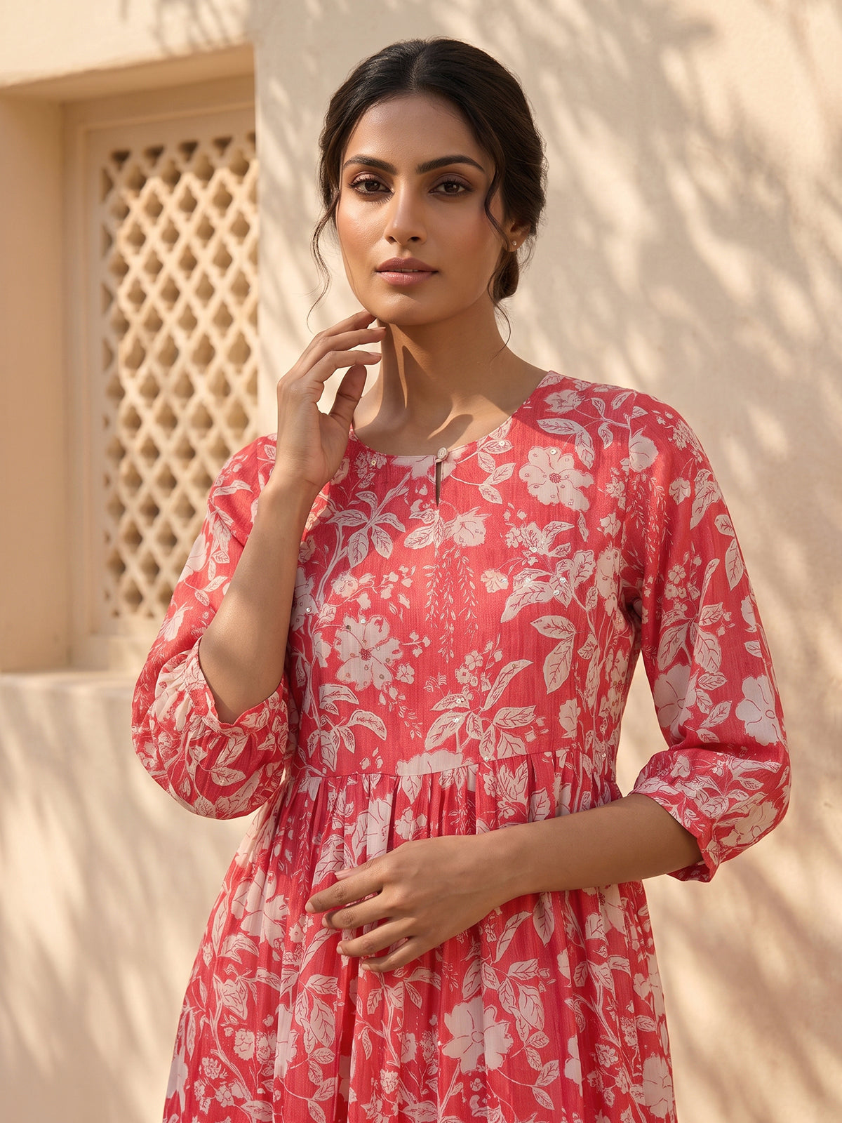 Red silk floral printed kurti with delicate sequins work