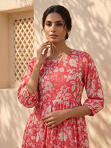 Red silk floral printed kurti with delicate sequins work