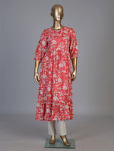 Red silk floral printed kurti with delicate sequins work