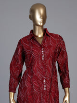 Maroon chanderi silk printed kurti with exquisite cutdana and beadwork