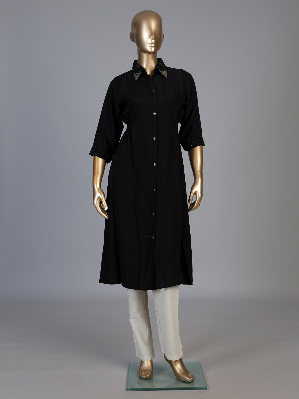 Black polyester embellished kurti with elegant beads and sequins detailing