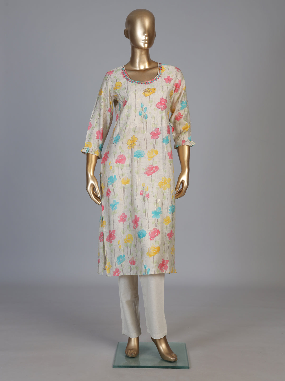 Cream silk floral printed kurti with graceful zari and aabla detailing