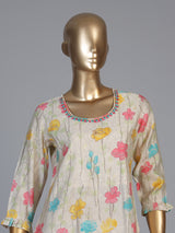 Cream silk floral printed kurti with graceful zari and aabla detailing