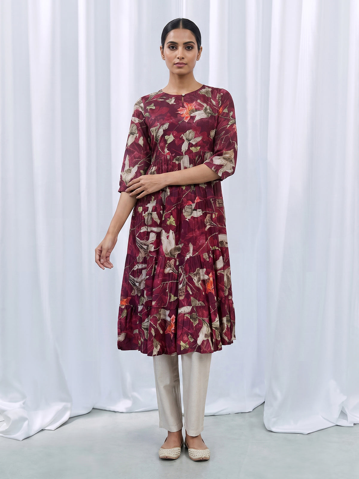 Purple paper silk floral printed kurti with delicate cutdana embellishments