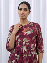 Purple paper silk floral printed kurti with delicate cutdana embellishments