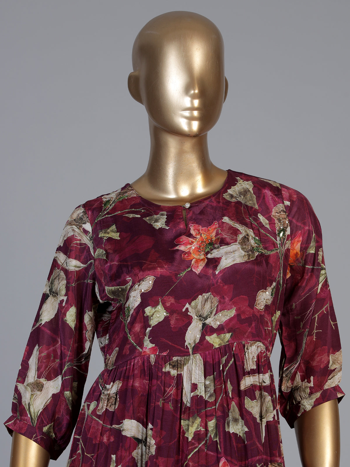 Purple paper silk floral printed kurti with delicate cutdana embellishments