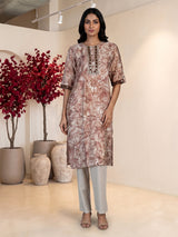 Brown silk floral printed kurti with elegant threadwork