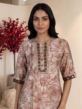 Brown silk floral printed kurti with elegant threadwork