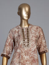 Brown silk floral printed kurti with elegant threadwork