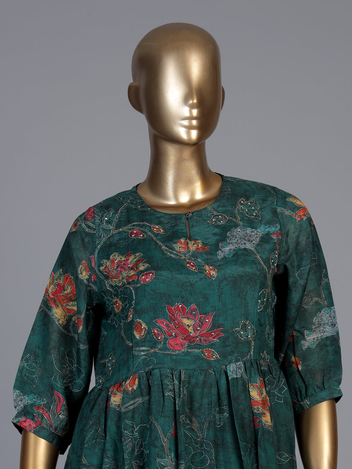 Green tussar silk floral printed kurti with pearls and sequins work