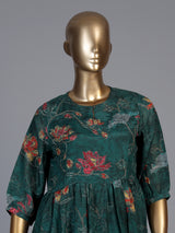 Green tussar silk floral printed kurti with pearls and sequins work
