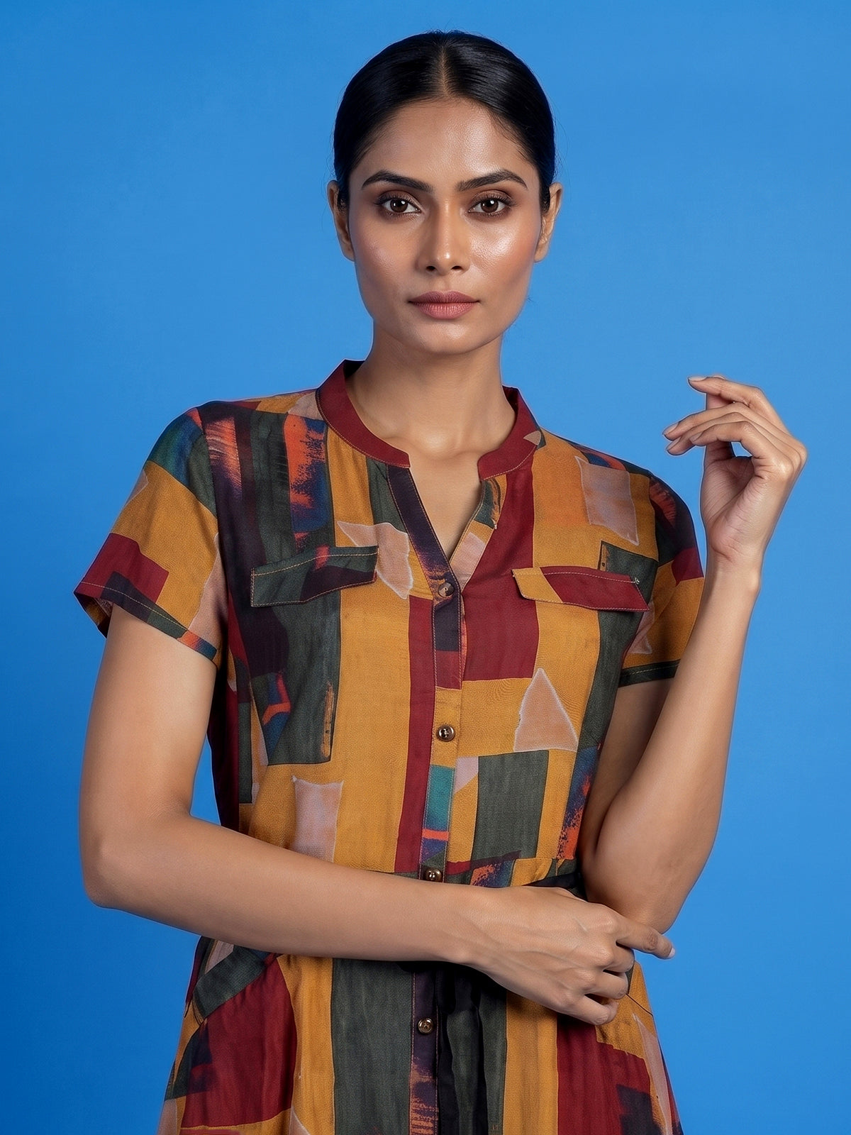 Yellow silk printed kurti with waist belt stand collar and cap sleeves