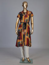 Yellow silk printed kurti with waist belt stand collar and cap sleeves