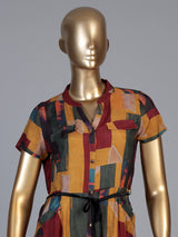 Yellow silk printed kurti with waist belt stand collar and cap sleeves