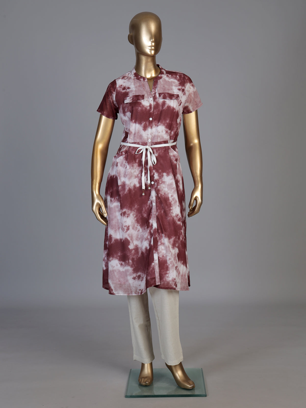 Wine chiffon shaded printed kurti with stand collar and waist belt